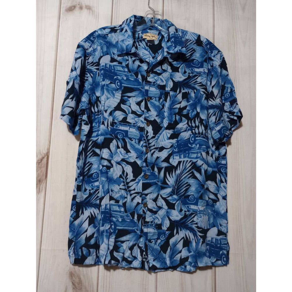 Panama‎ Jack Mens Blue Tropical Floral Woody Wagon Rayon Aloha Camp Shirt Medium